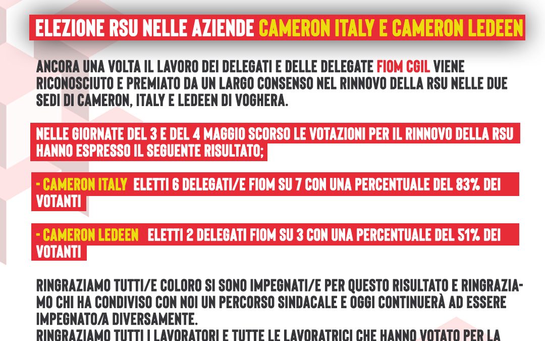 ELEZIONE RSU NELLE AZIENDE CAMERON ITALY E CAMERON LEDEEN