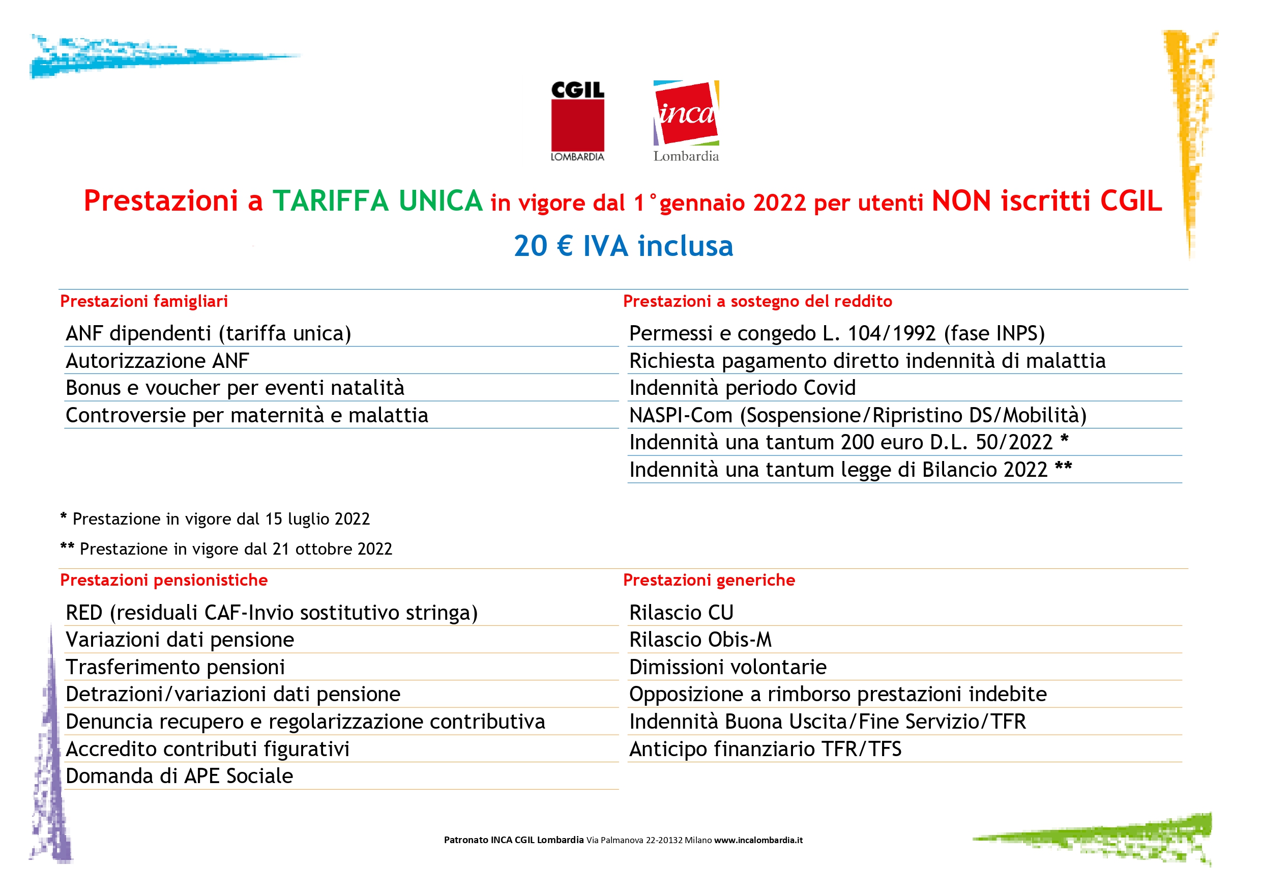 tariffe da fatturazione patronato inca